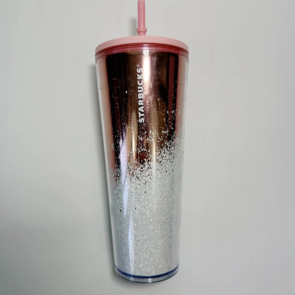 Starbucks Holiday 2019 Cascading Snow Rose Gold Glitter 24 oz. Cold Cup Tumbler